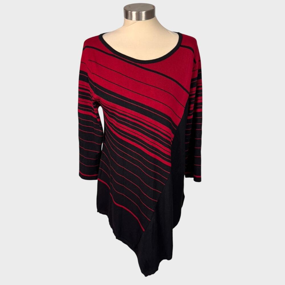 cb est 1962 DressBarn XL Black Red Stripe 3/4 Sleeve Sweater Asymetrical